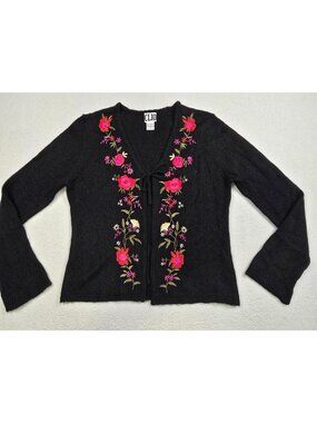 Vintage 90s Clio M Black Floral Embroidered Cardigan Sweater Fairy Grunge Y2K
